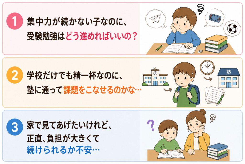 ADHDの子どもの勉強に悩む保護者の3つの不安（集中できない・課題がこなせない・家庭学習の負担）を表したイラスト